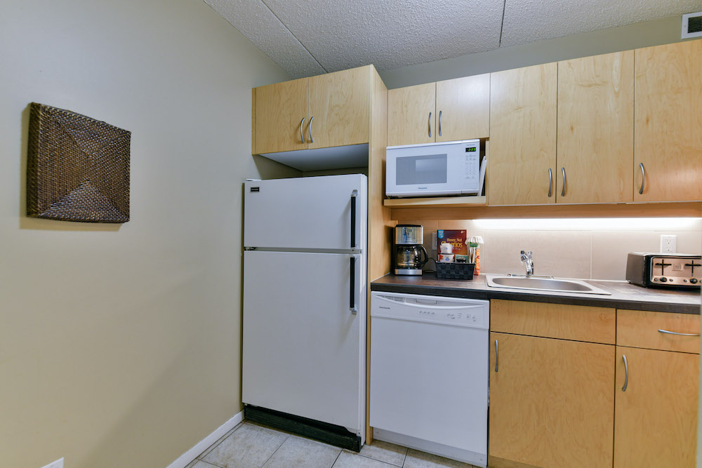 Fridge, microwave and dishawasher in unit at 243 Queen Street.