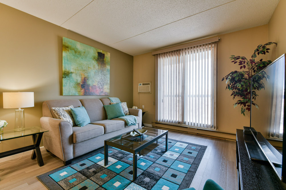 Furnished living room of a unit at 243 Queen Street.